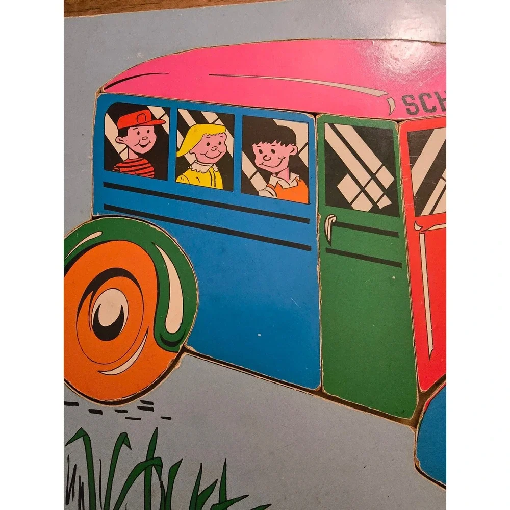 Vintage Connor Toy School Bus Wooden Inlay Puzzle 11 Pieces Ages 2-6 Retro